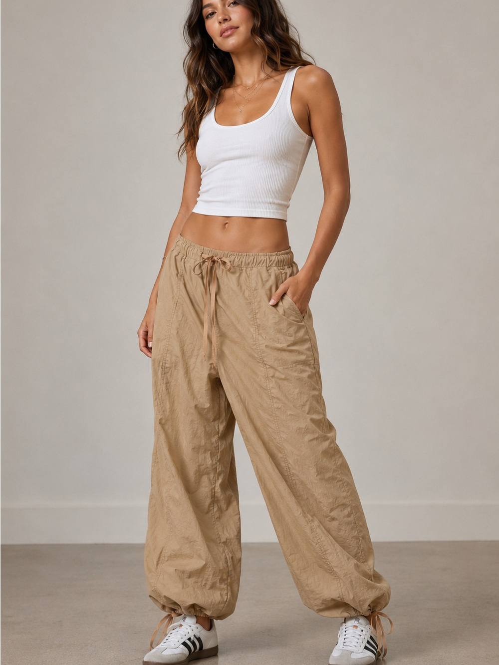 Cotton Candy LA Beige Nylon Parachute Cargo Jogger Pants Balloon Hem Size L NWT